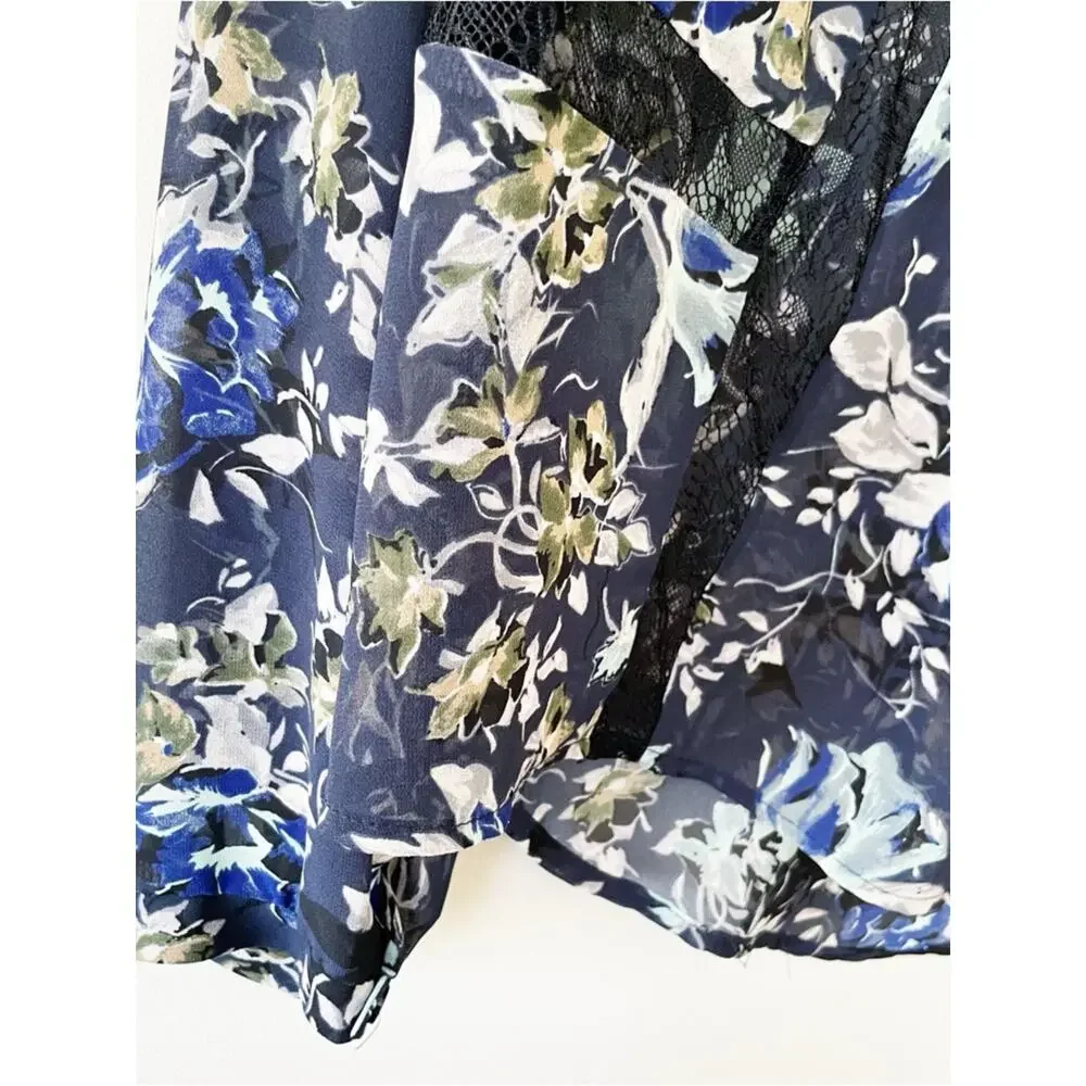 Astr Navy Floral Sheer Blouse with Lace Accents Size XS EUC